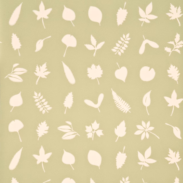 Muted sage wallpaper with scattered cream leaves, pods and fern-like sprigs