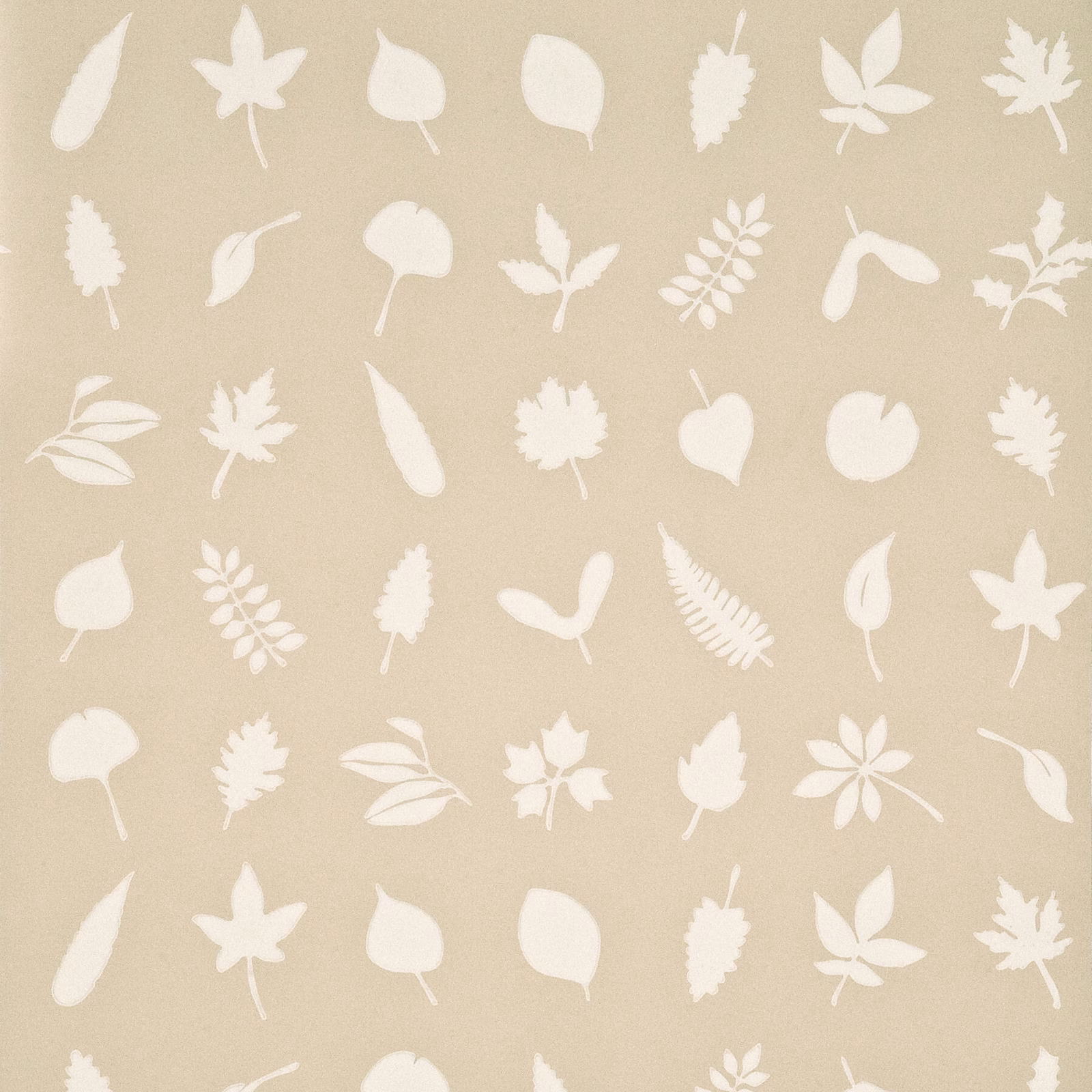 Warm linen-beige wallpaper with scattered ivory leaf silhouettes and subtle paper grain