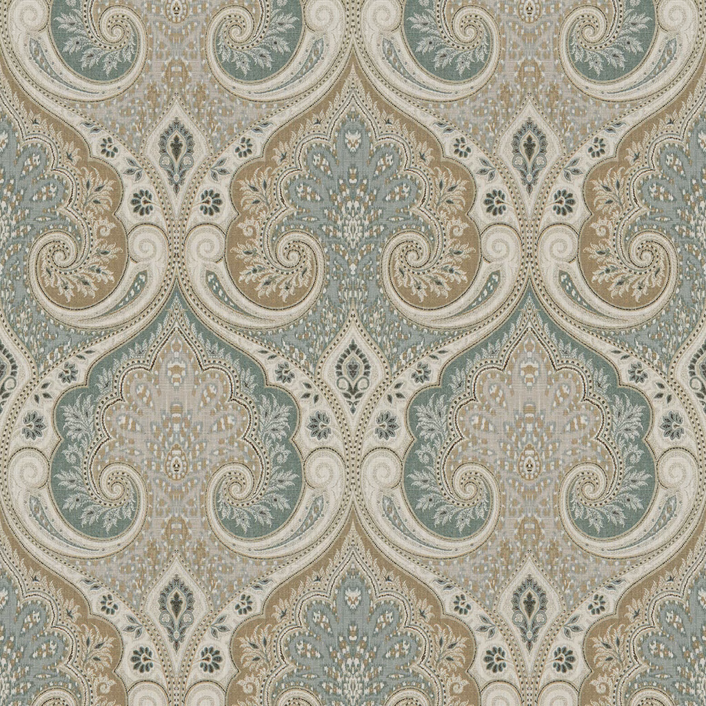 Muted aqua and taupe linen with ornate paisley medallions and scrolling detail
