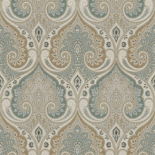 Muted aqua and taupe linen with ornate paisley medallions and scrolling detail