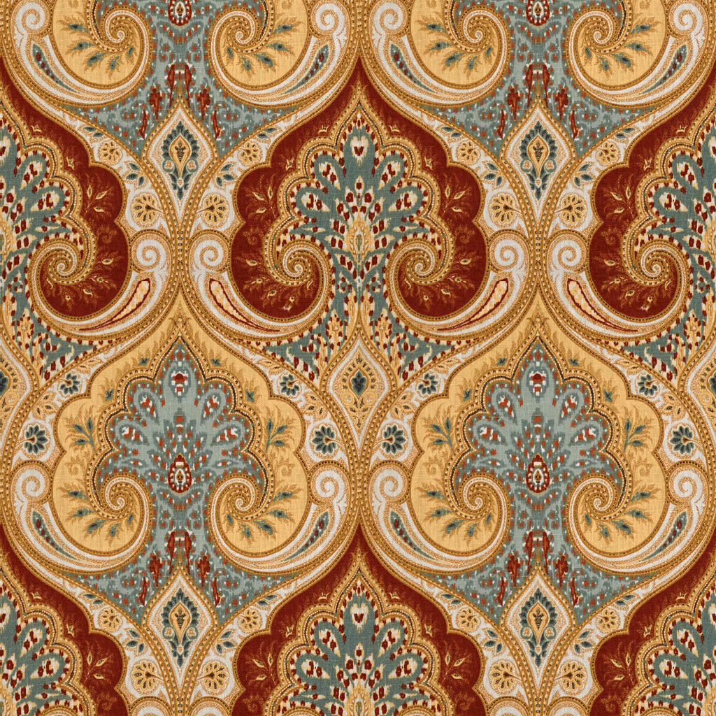 Dusty blue, burgundy and ochre paisley linen with ornate scrolling floral motifs