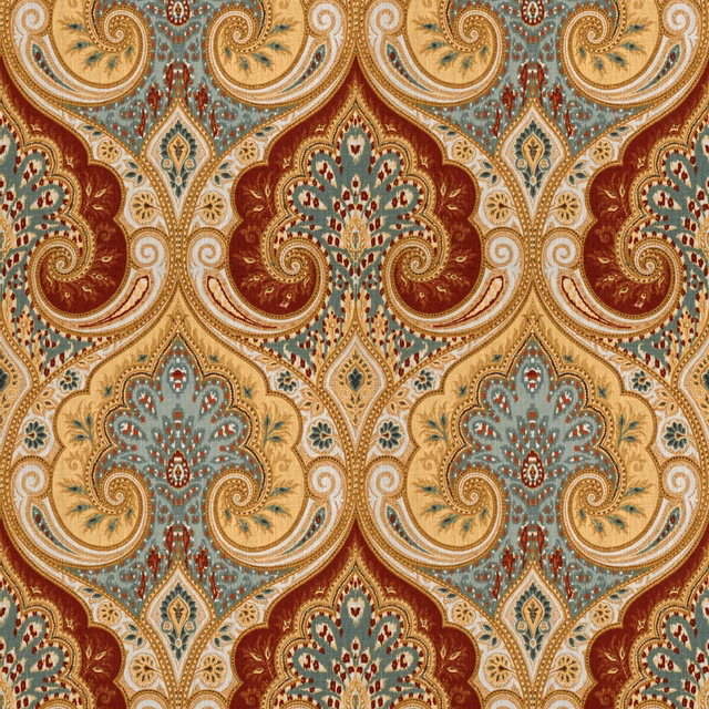 Dusty blue, burgundy and ochre paisley linen with ornate scrolling floral motifs