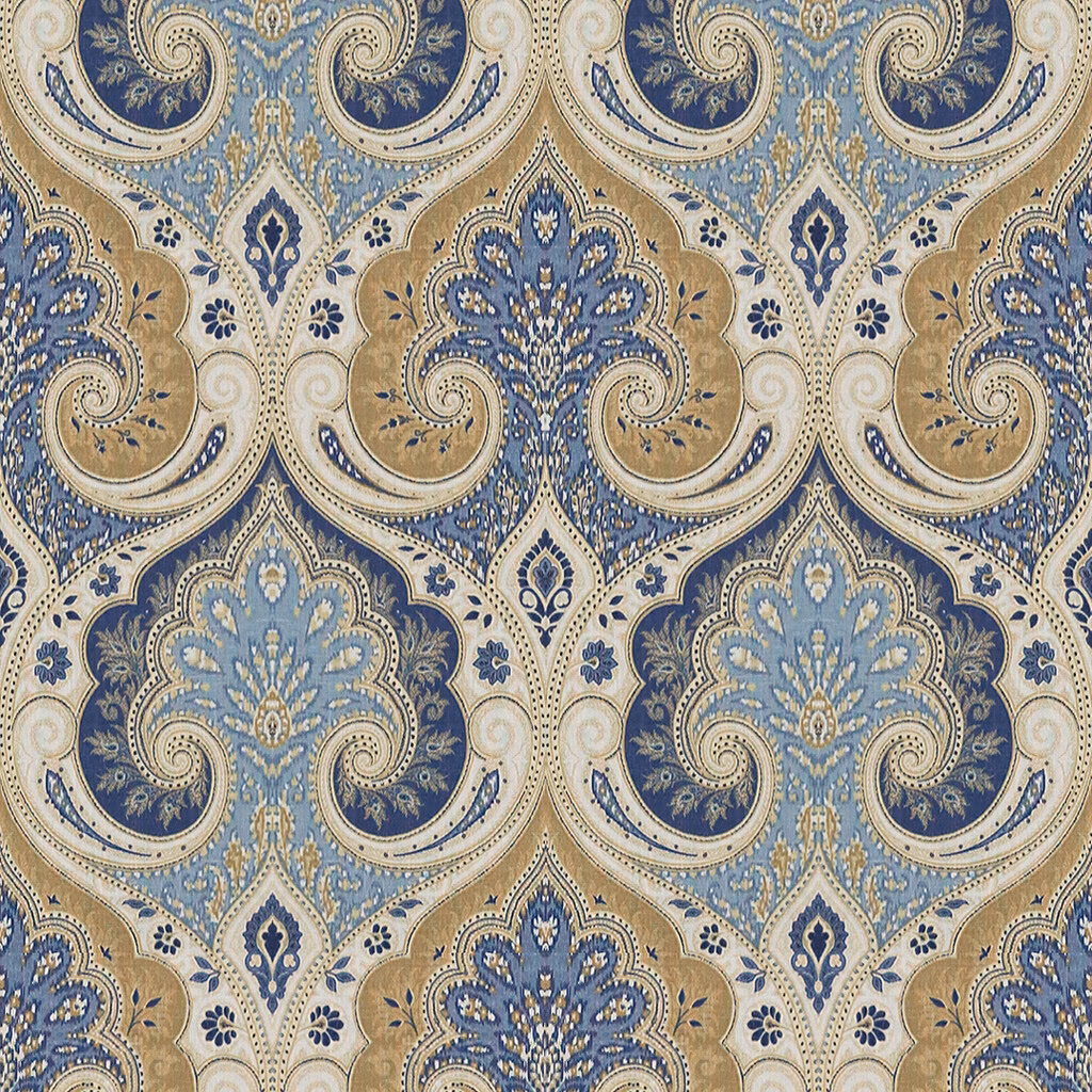 Indigo and cashew linen paisley with ornate blue scrolls on an ivory ground