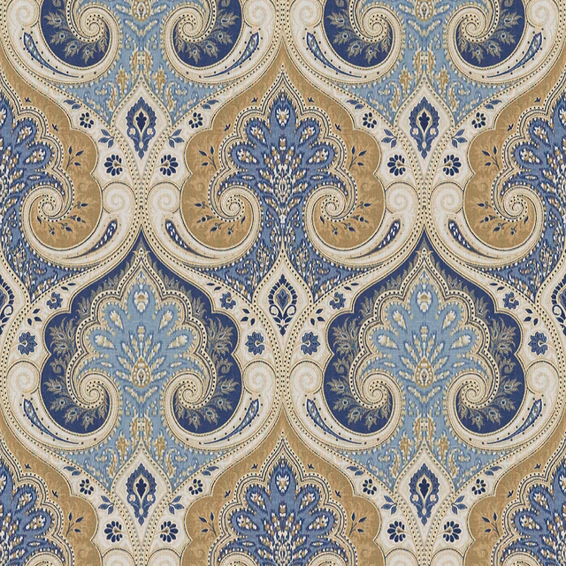 Indigo and cashew linen paisley with ornate blue scrolls on an ivory ground