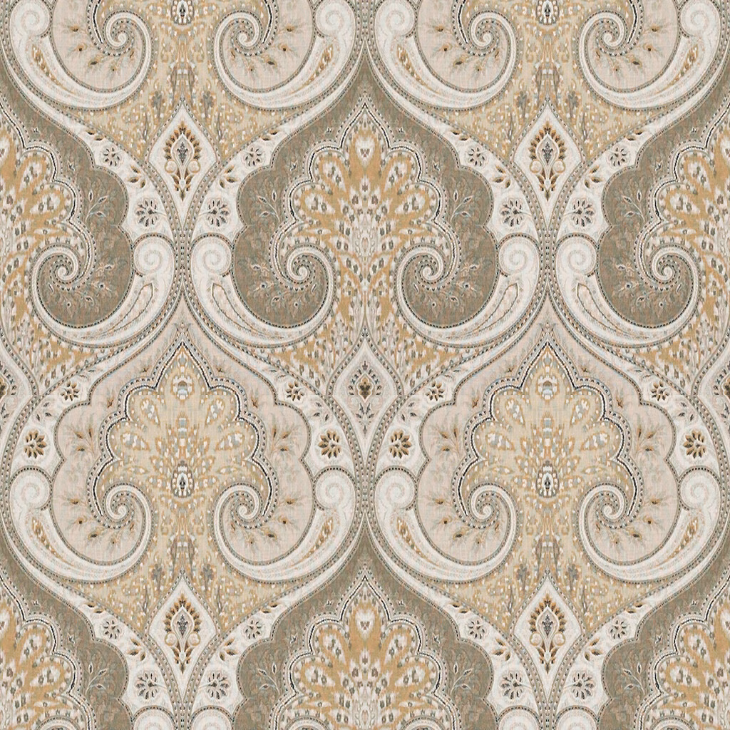 Stone oatmeal linen with large taupe paisleys, floral medallions and muted gold detailing