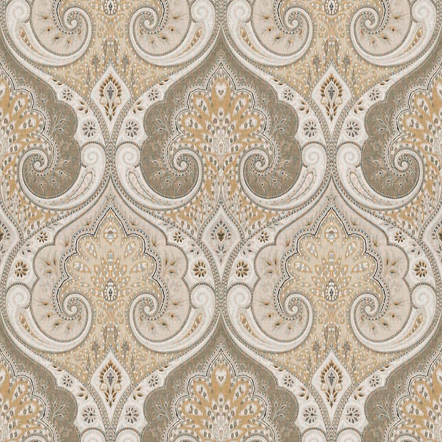 Stone oatmeal linen with large taupe paisleys, floral medallions and muted gold detailing