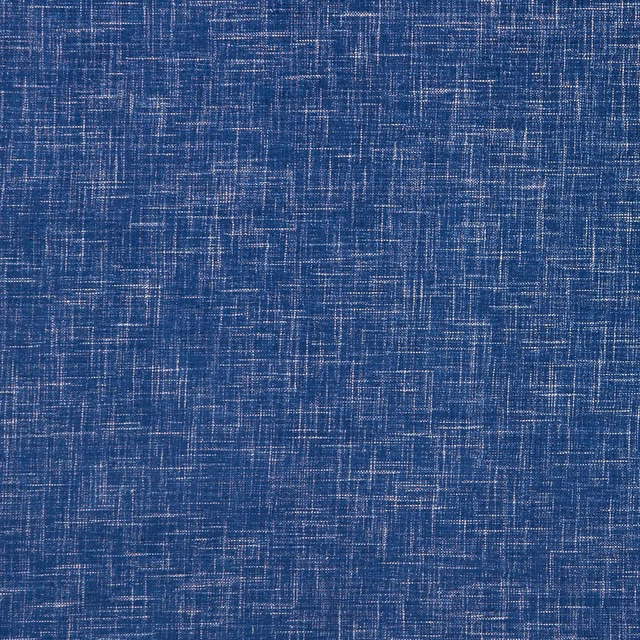 Cool denim-blue woven swatch with fine pale crosshatch lines and slubbed texture