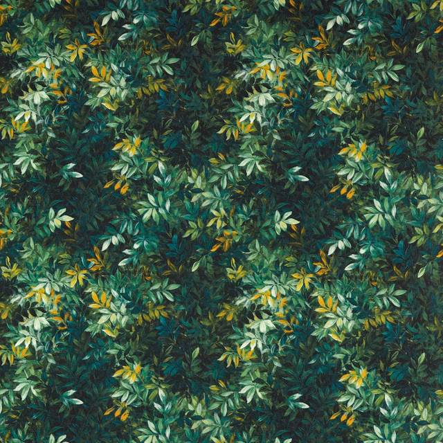 Dense forest-green botanical foliage with teal, sage and yellow leaves
