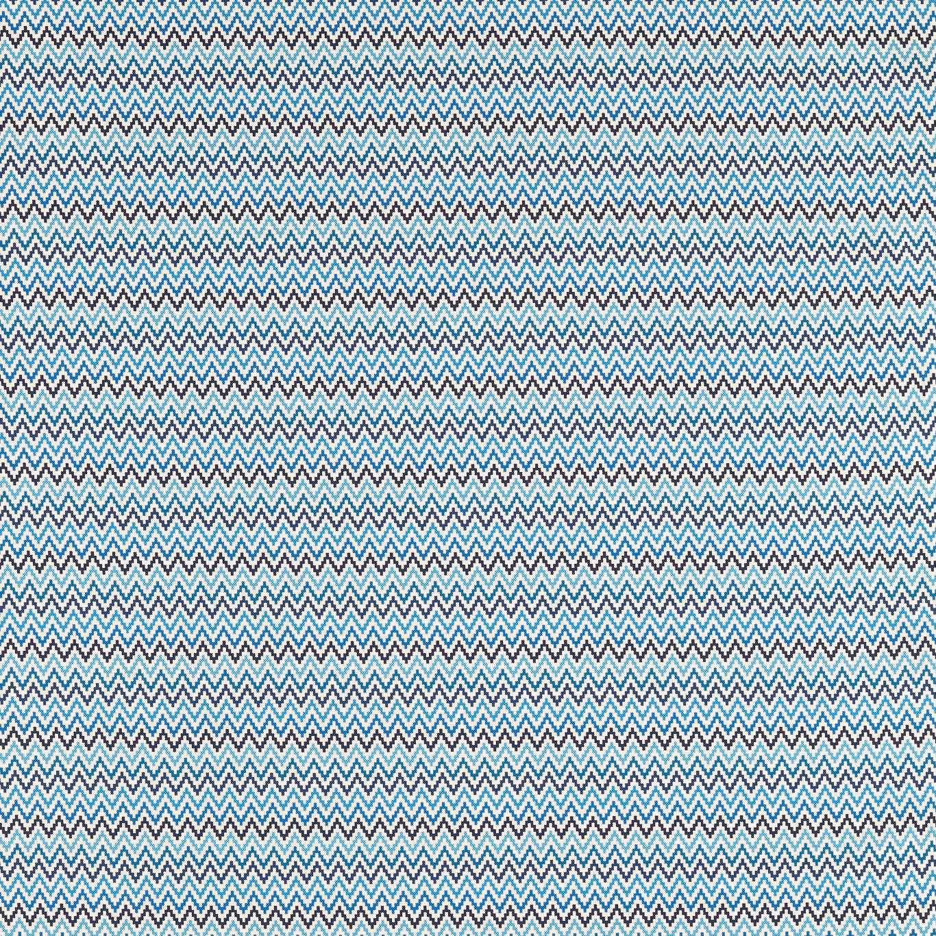 Close view of fine denim-blue and teal chevrons on a pale woven ground