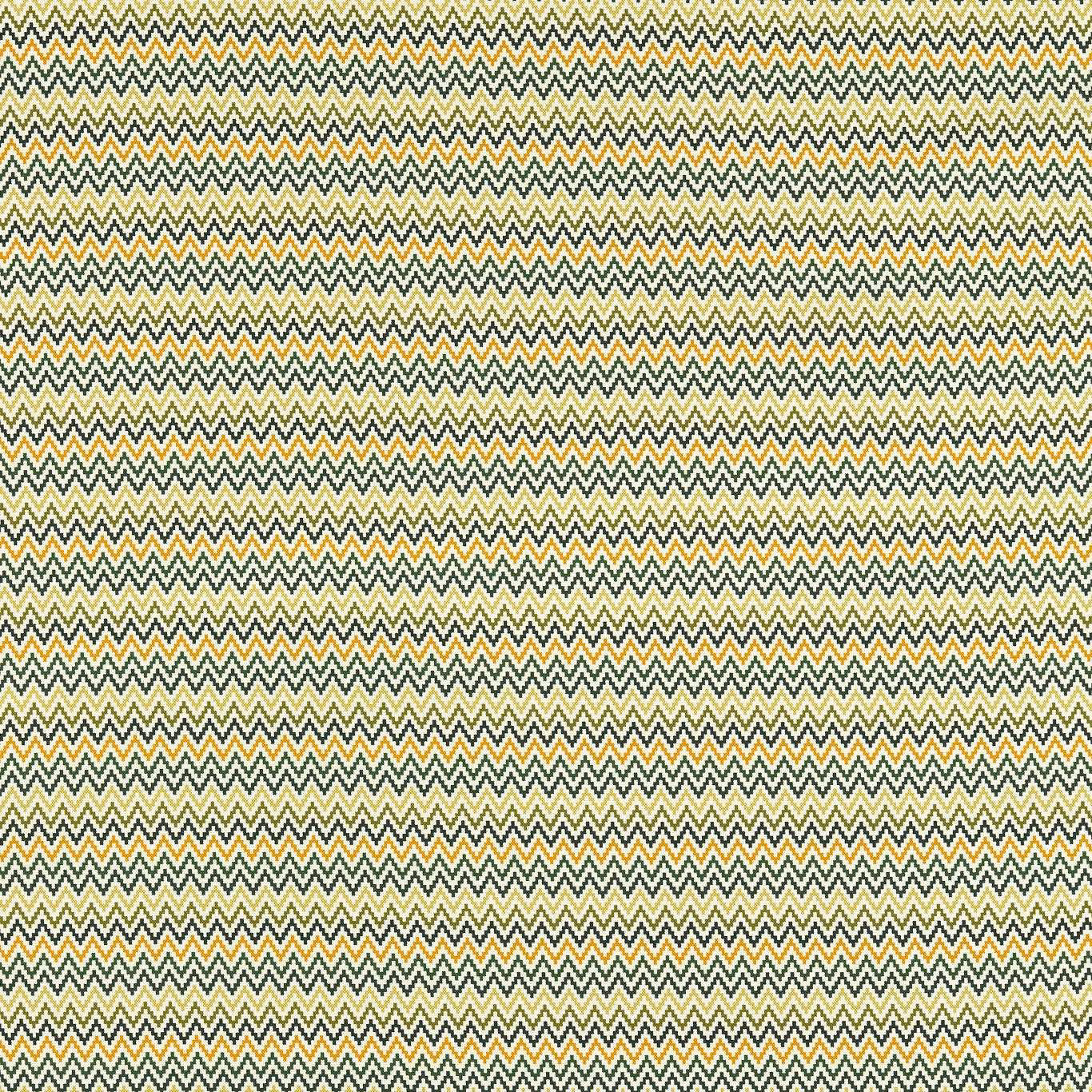 Cream outdoor fabric with mustard and dark green zigzag chevrons, close-woven texture