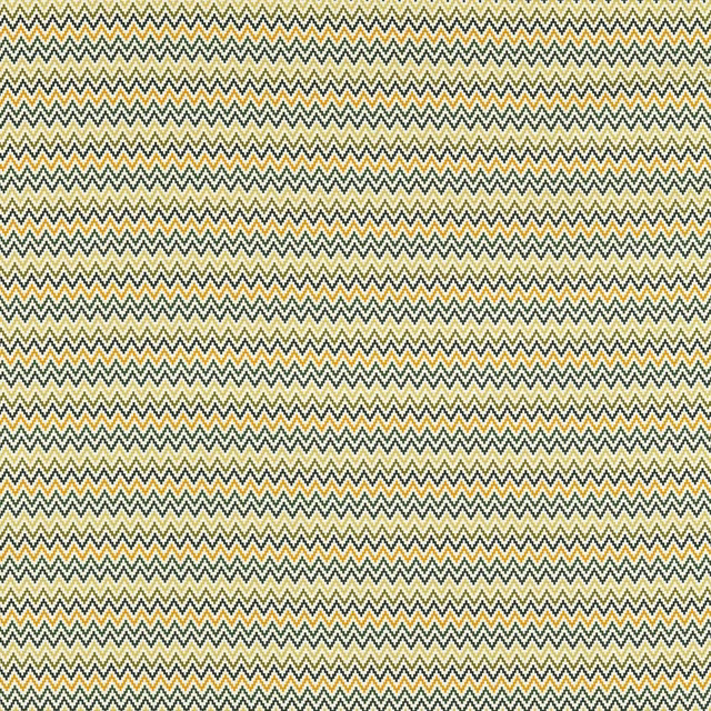 Cream outdoor fabric with mustard and dark green zigzag chevrons, close-woven texture