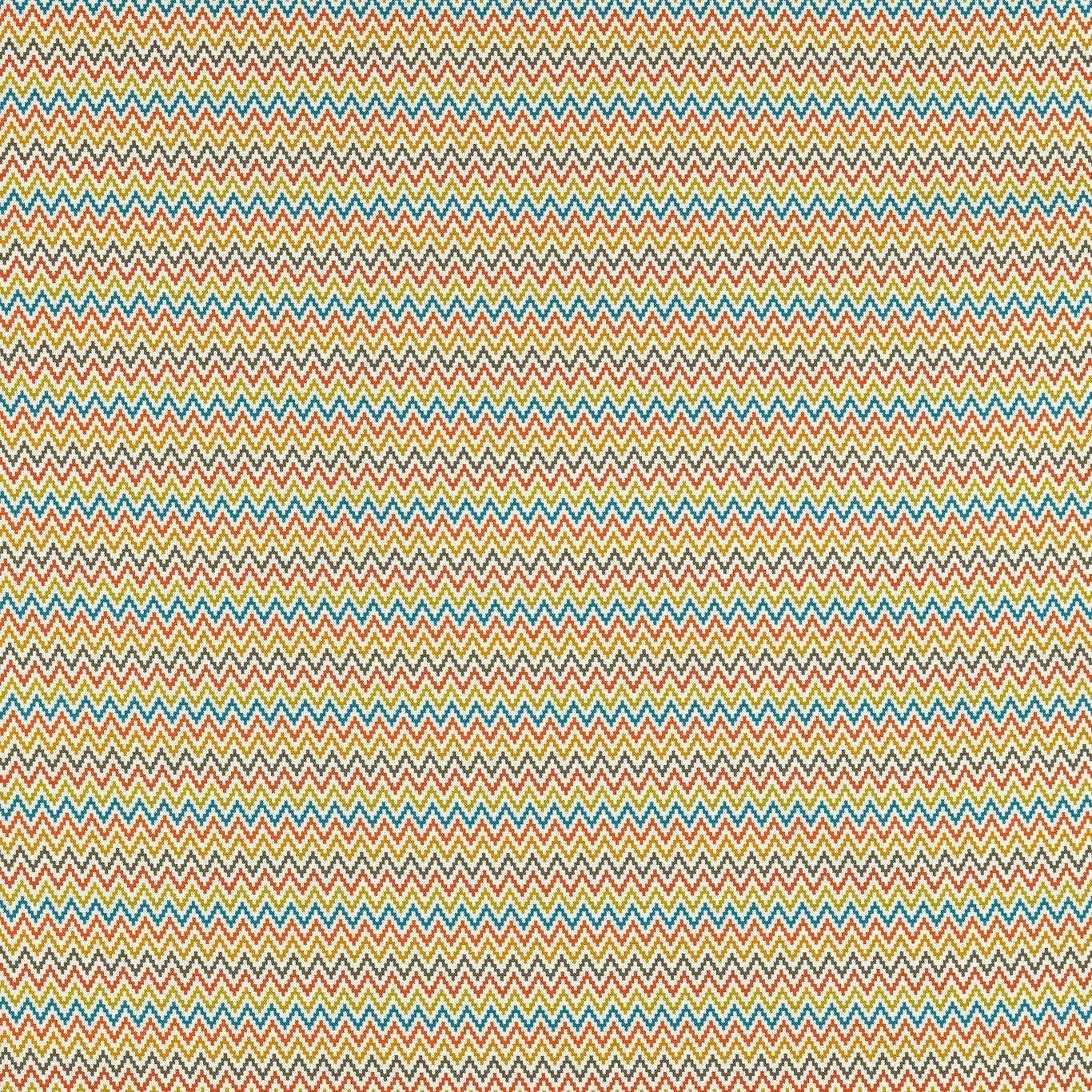 Teal, ochre, coral and cream small-scale chevron woven fabric swatch