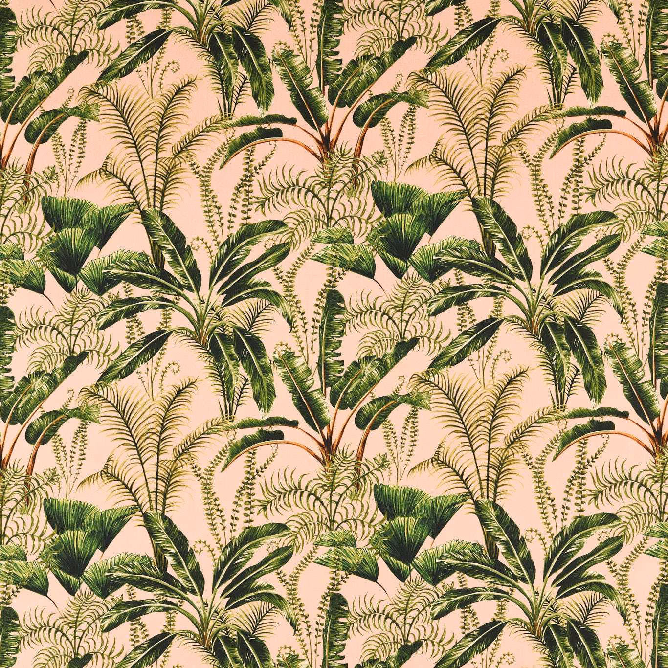 Warm blush fabric with layered green palms, fronds and tropical foliage