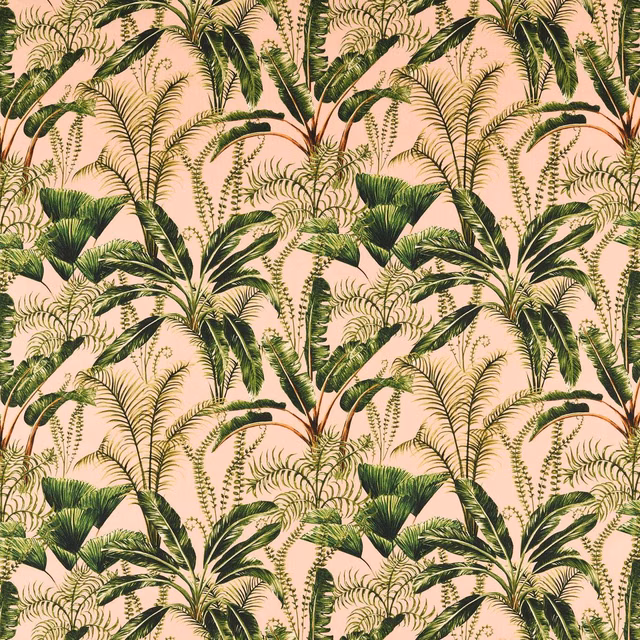 Warm blush fabric with layered green palms, fronds and tropical foliage