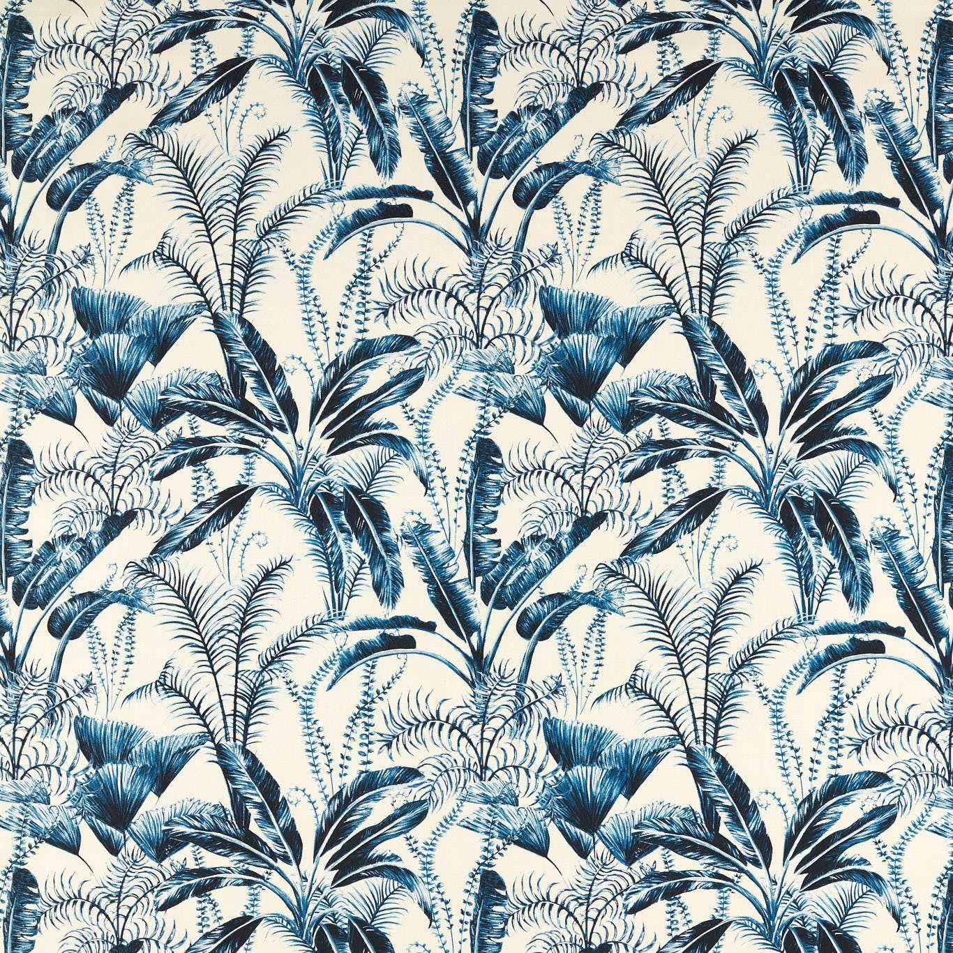 Cream swatch with dense cool denim-blue palm fronds and layered tropical foliage