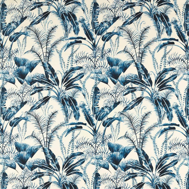 Cream swatch with dense cool denim-blue palm fronds and layered tropical foliage
