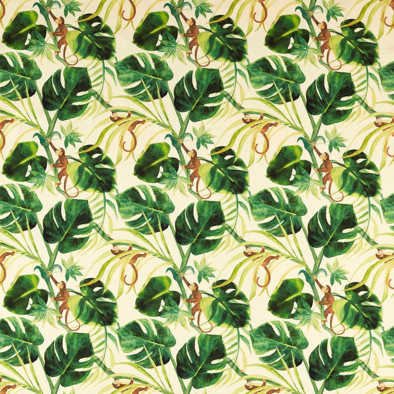 Natural cream outdoor fabric with vivid green leaves, vines and monkey motifs
