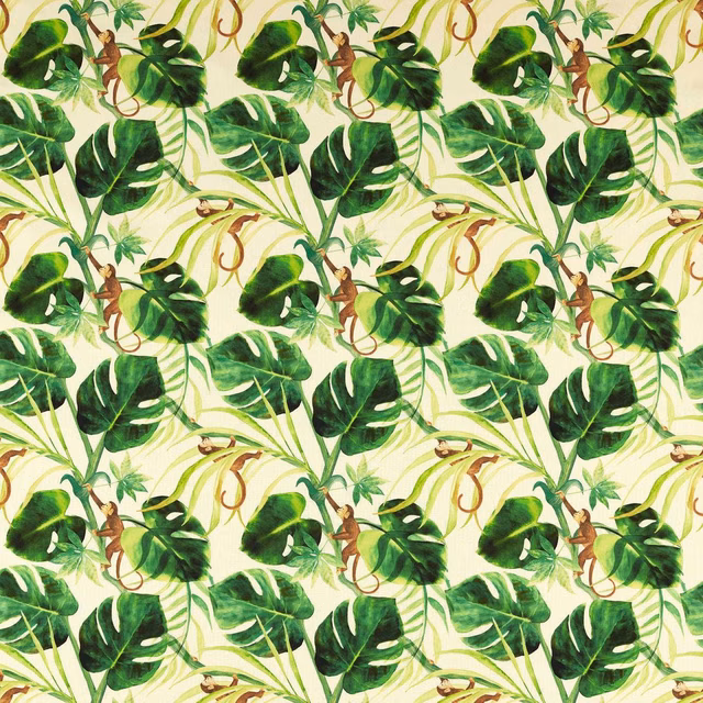 Natural cream outdoor fabric with vivid green leaves, vines and monkey motifs