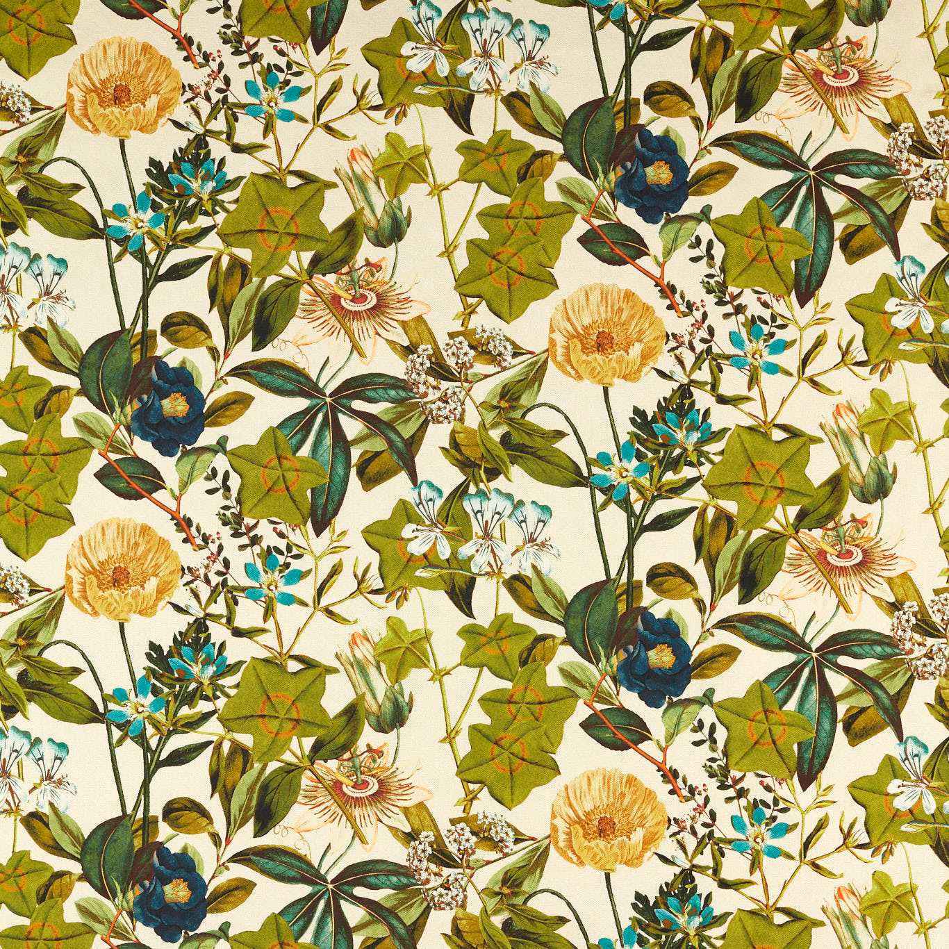 Cream botanical textile with denim-blue flowers, olive leaves and ochre blooms