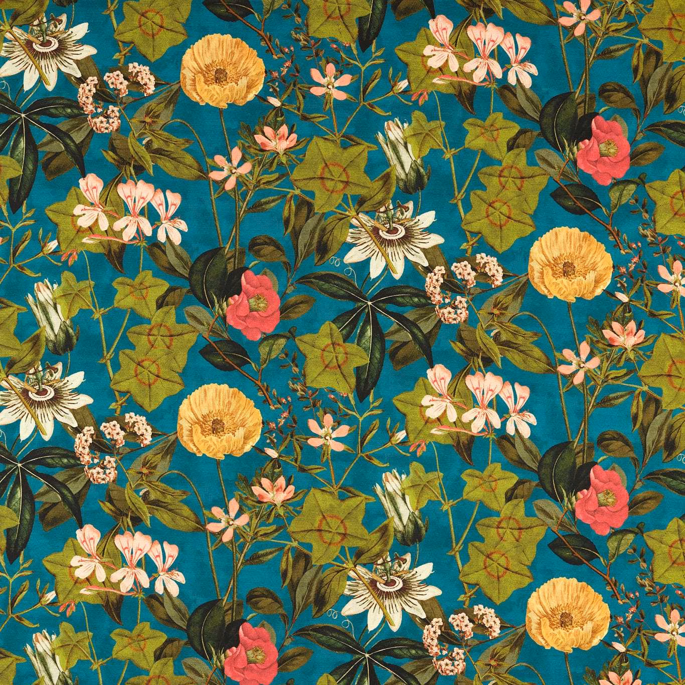 Teal botanical outdoor fabric with coral blooms, cream flowers and golden seedheads