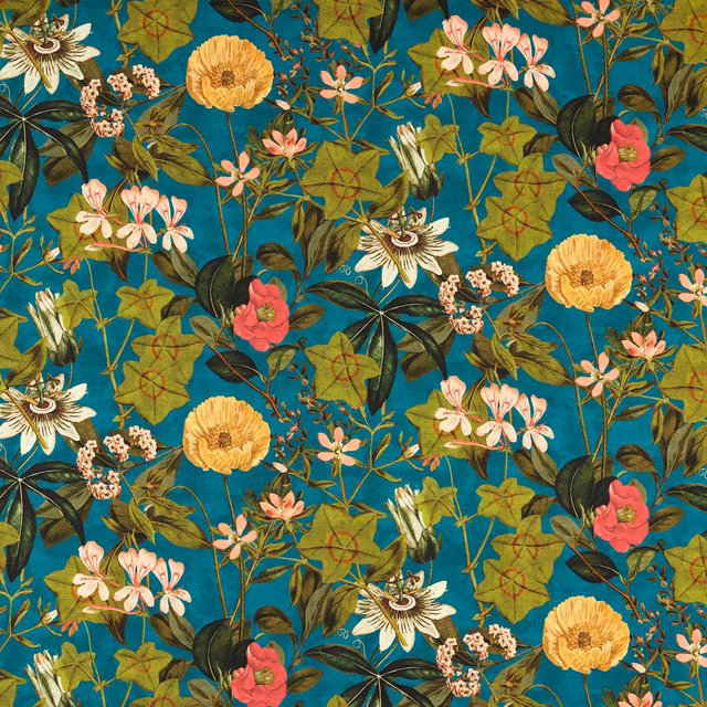 Teal botanical outdoor fabric with coral blooms, cream flowers and golden seedheads