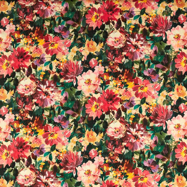 Dense fuchsia floral textile with coral blooms, dark green leaves and golden accents