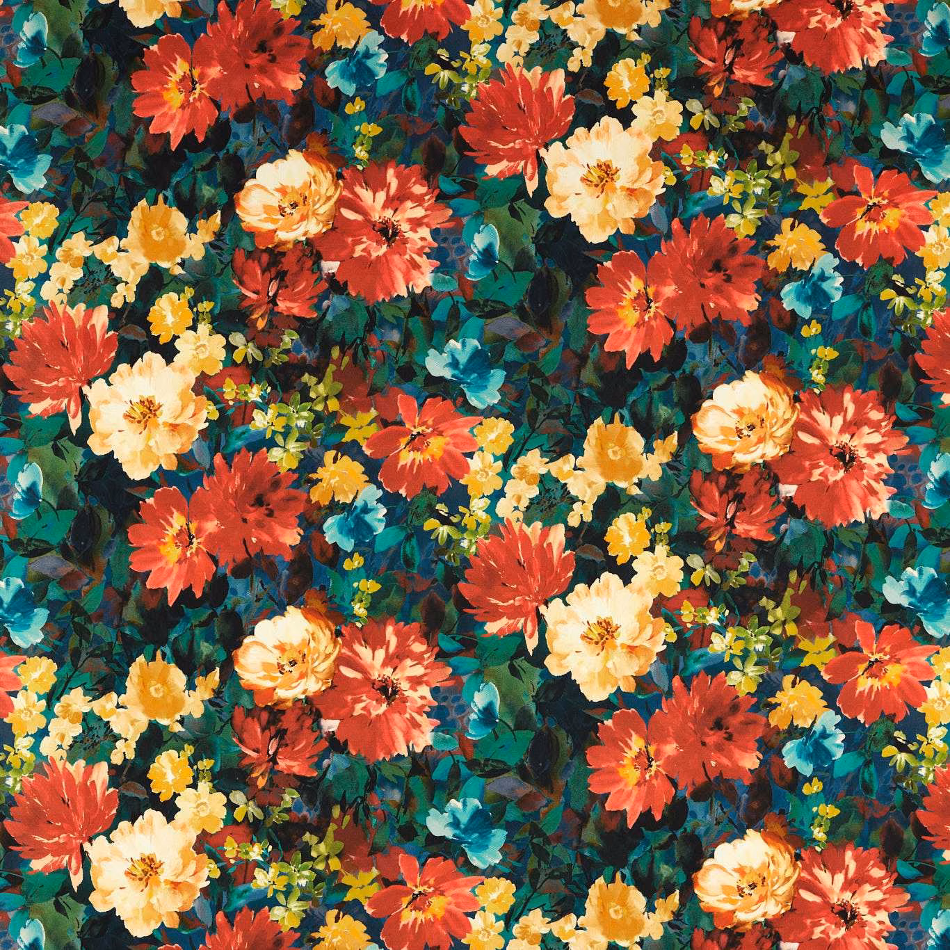 Dense red, turquoise, ochre and cream blooms across a midnight ground