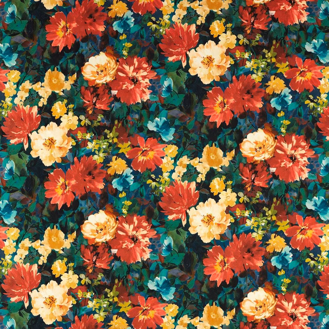 Dense red, turquoise, ochre and cream blooms across a midnight ground