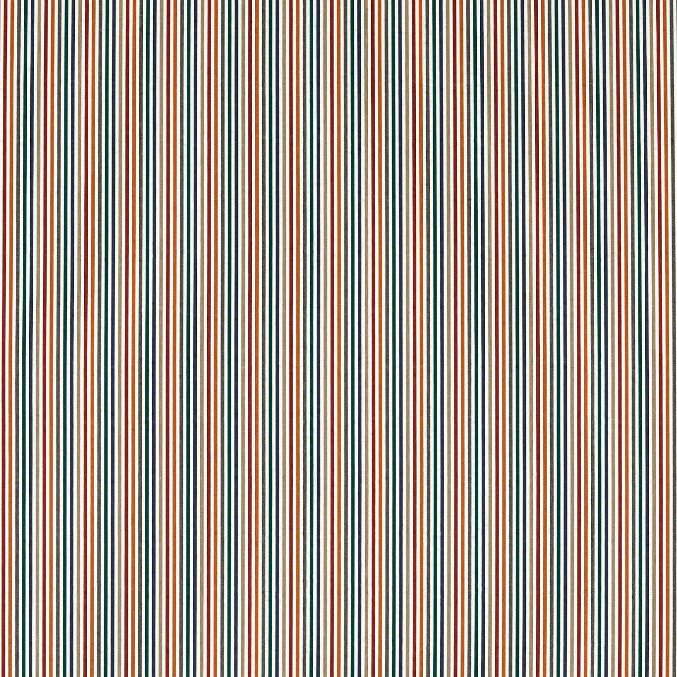 Fine vertical cream, teal, terracotta and deep green stripes in a textured weave