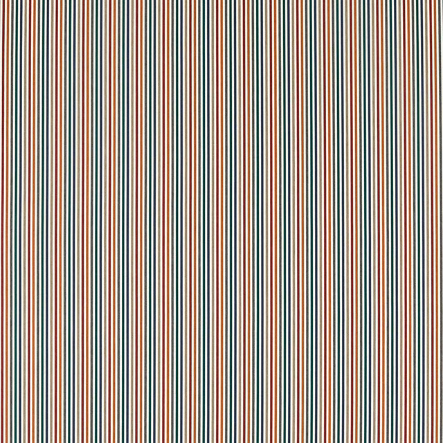 Fine vertical cream, teal, terracotta and deep green stripes in a textured weave