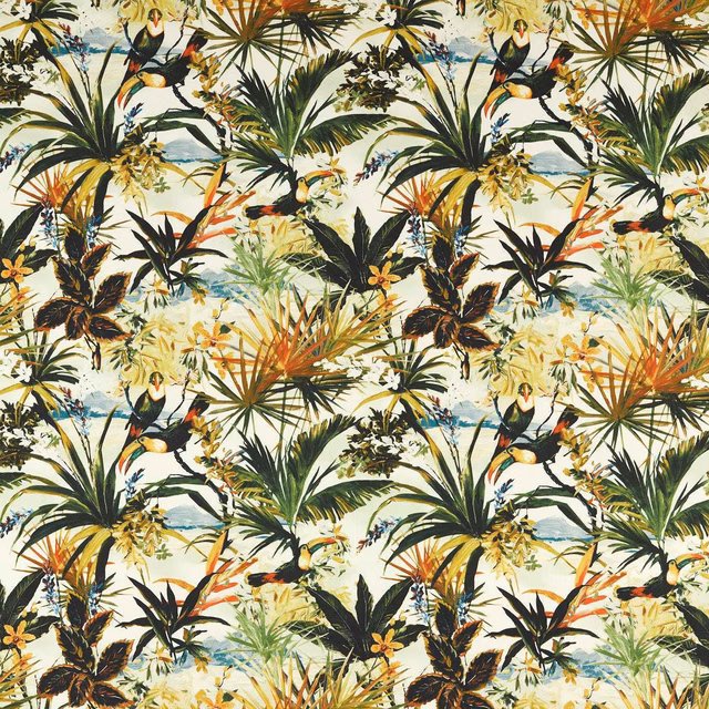 Antique cream tropical fabric with toucans, palms, dark foliage and rust accents