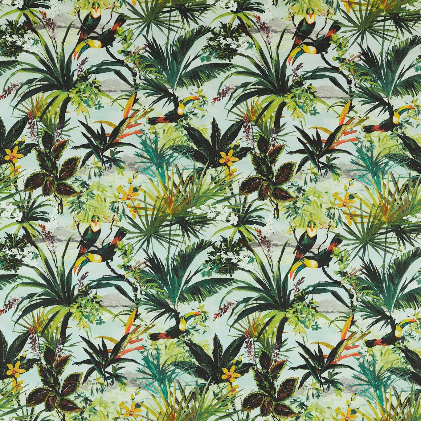 Cool sky-blue tropical print with toucans, palms and vivid yellow-red accents