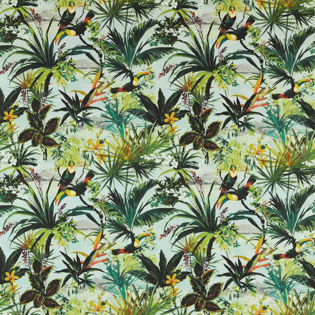 Cool sky-blue tropical print with toucans, palms and vivid yellow-red accents