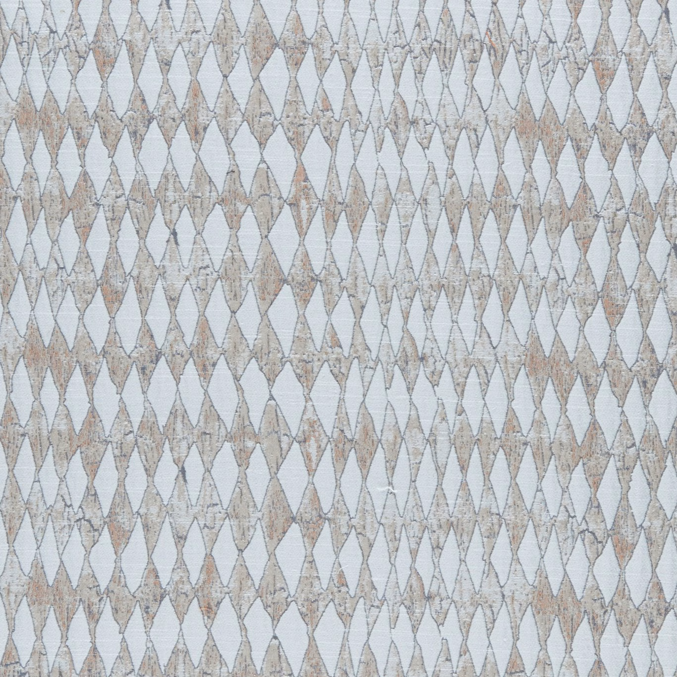 Pale blue-grey fabric with dense oatmeal lozenges and softly weathered geometric outlines
