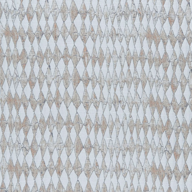 Pale blue-grey fabric with dense oatmeal lozenges and softly weathered geometric outlines