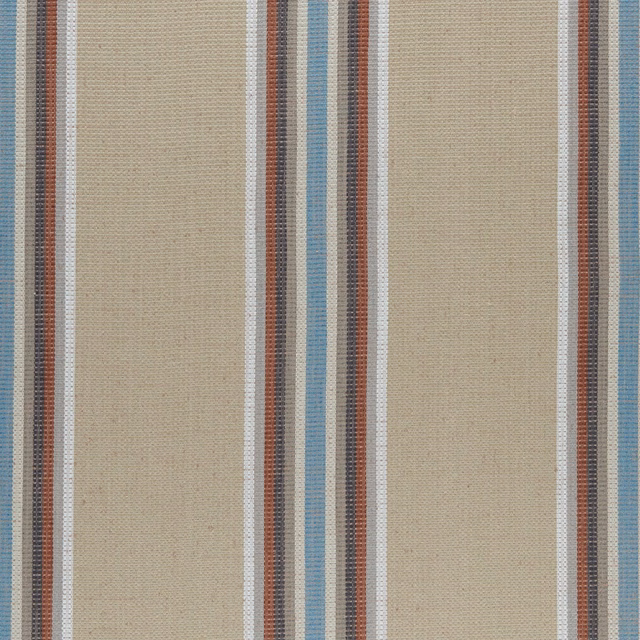 Beige woven ground with narrow aqua and cinnabar vertical stripes