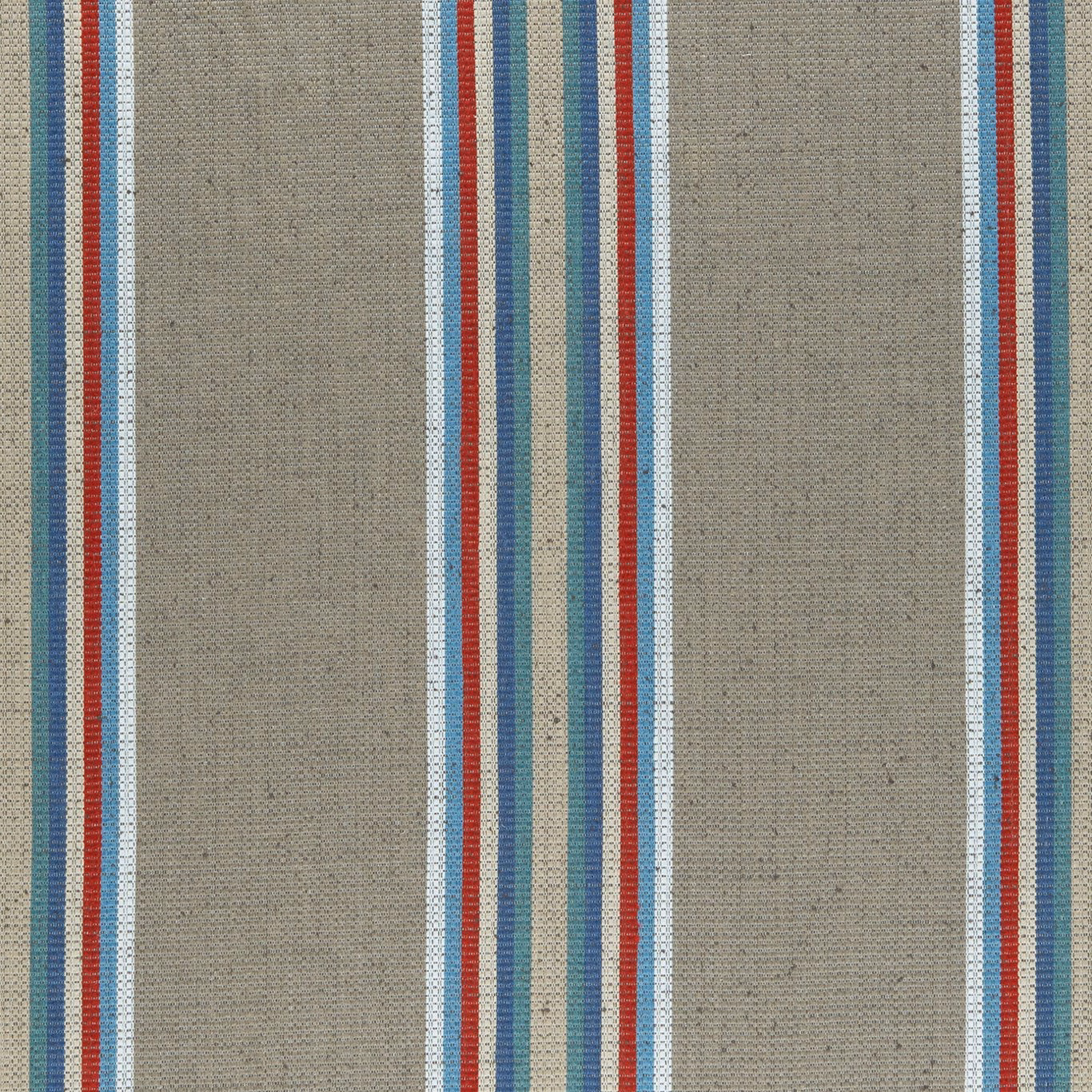 Taupe-grey woven fabric with indigo, teal, red and white vertical stripes