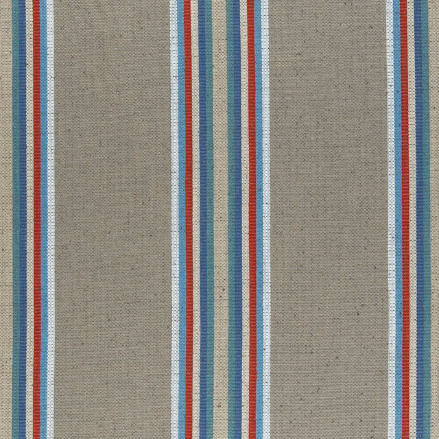 Taupe-grey woven fabric with indigo, teal, red and white vertical stripes