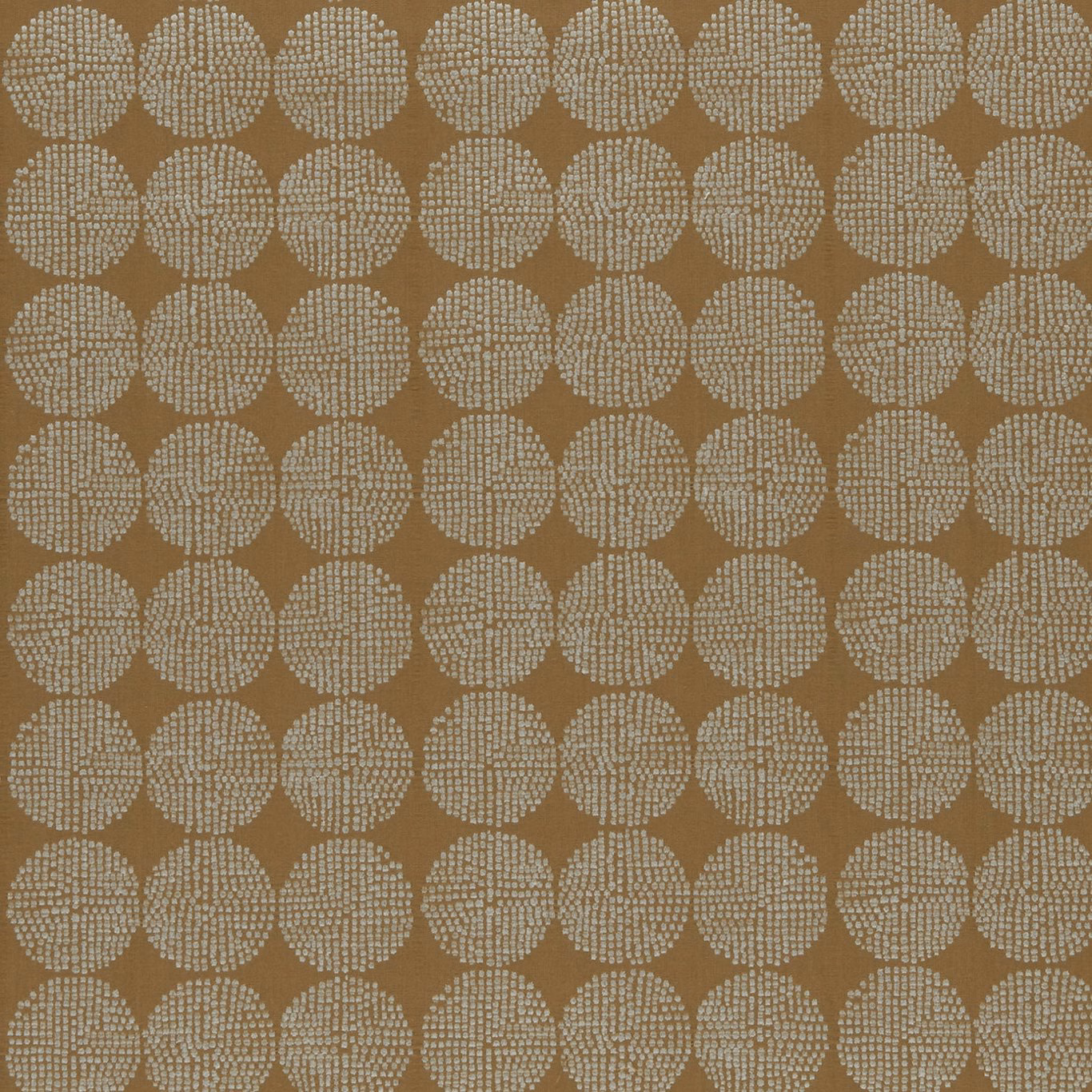 Warm cinnamon-brown textile with repeating pale dotted circular medallions