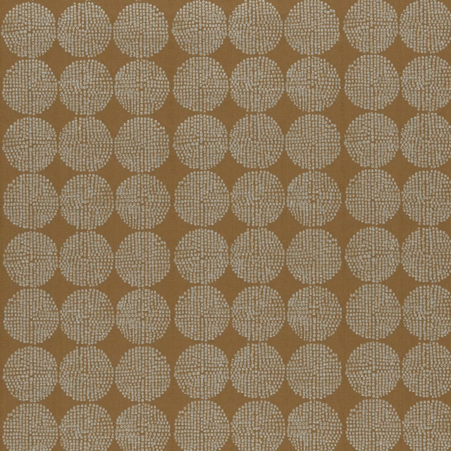 Warm cinnamon-brown textile with repeating pale dotted circular medallions