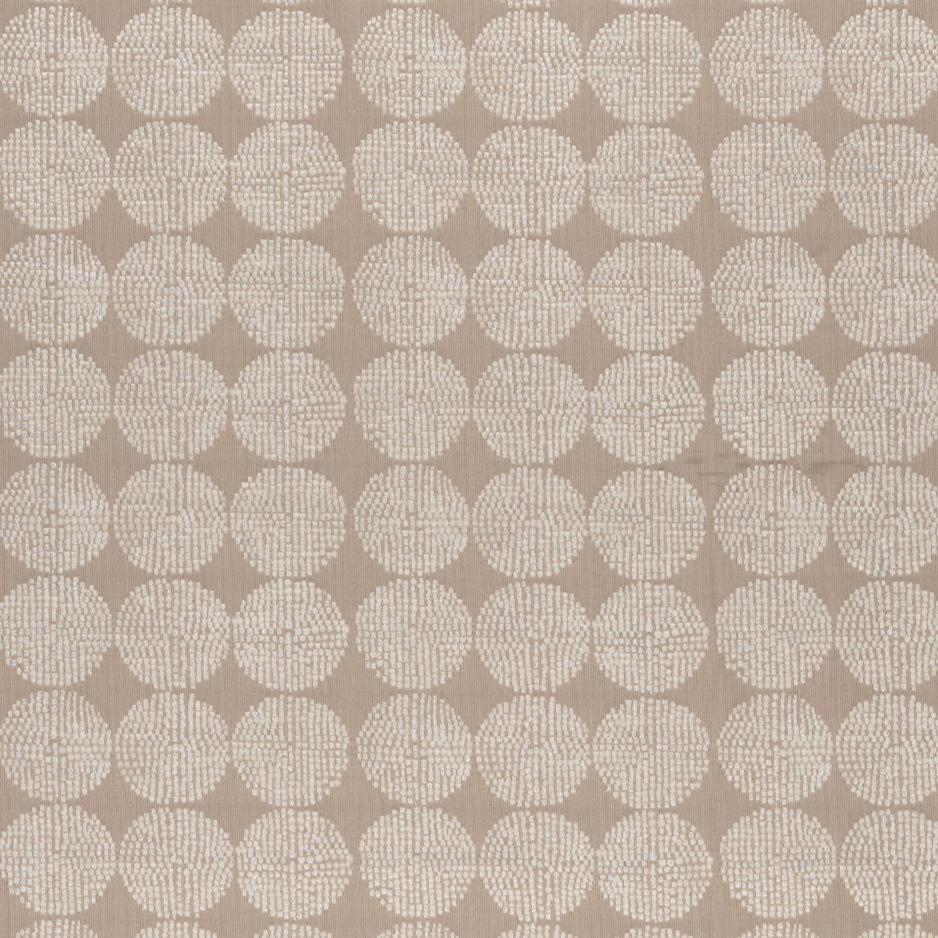 Warm beige woven ground with ivory dotted circular motifs in regular rows