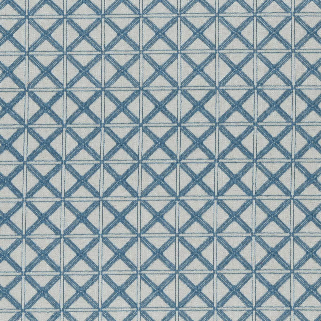 Pale aqua woven textile with petrol-blue interlocking diamond lattice
