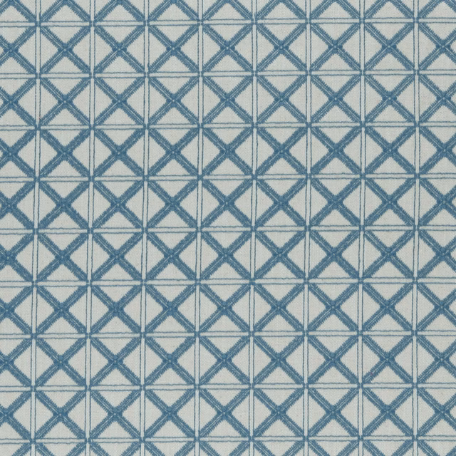 Pale aqua woven textile with petrol-blue interlocking diamond lattice