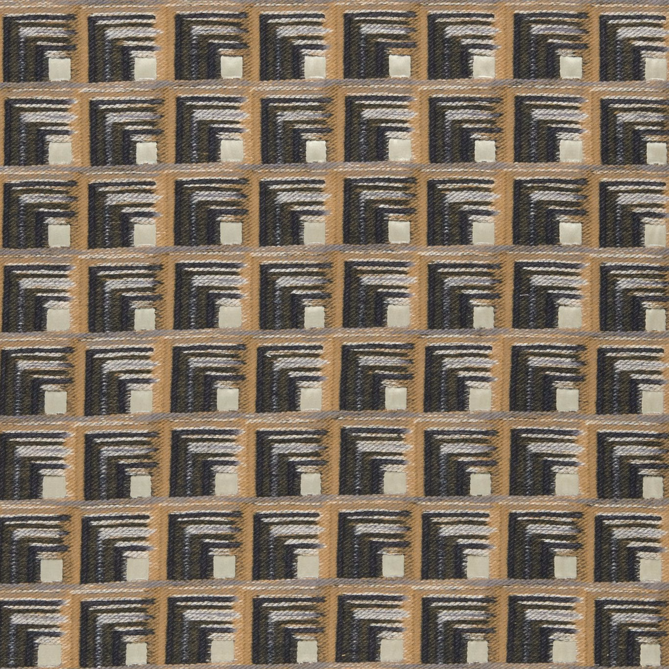 Charcoal and cinnamon woven geometric motifs with small cream accents