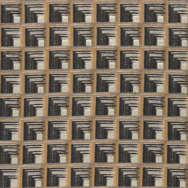 Charcoal and cinnamon woven geometric motifs with small cream accents