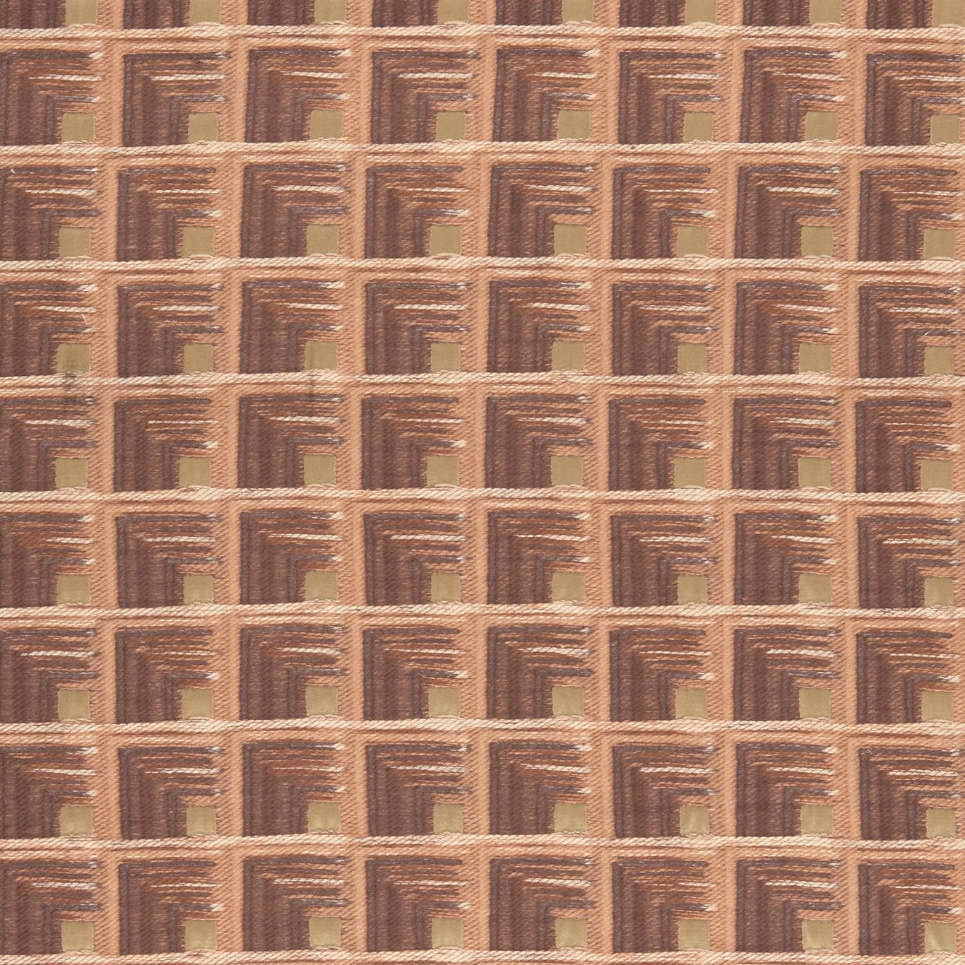 Warm cinnabar geometric weave with tan stepped lines and olive inset squares
