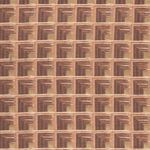 Warm cinnabar geometric weave with tan stepped lines and olive inset squares