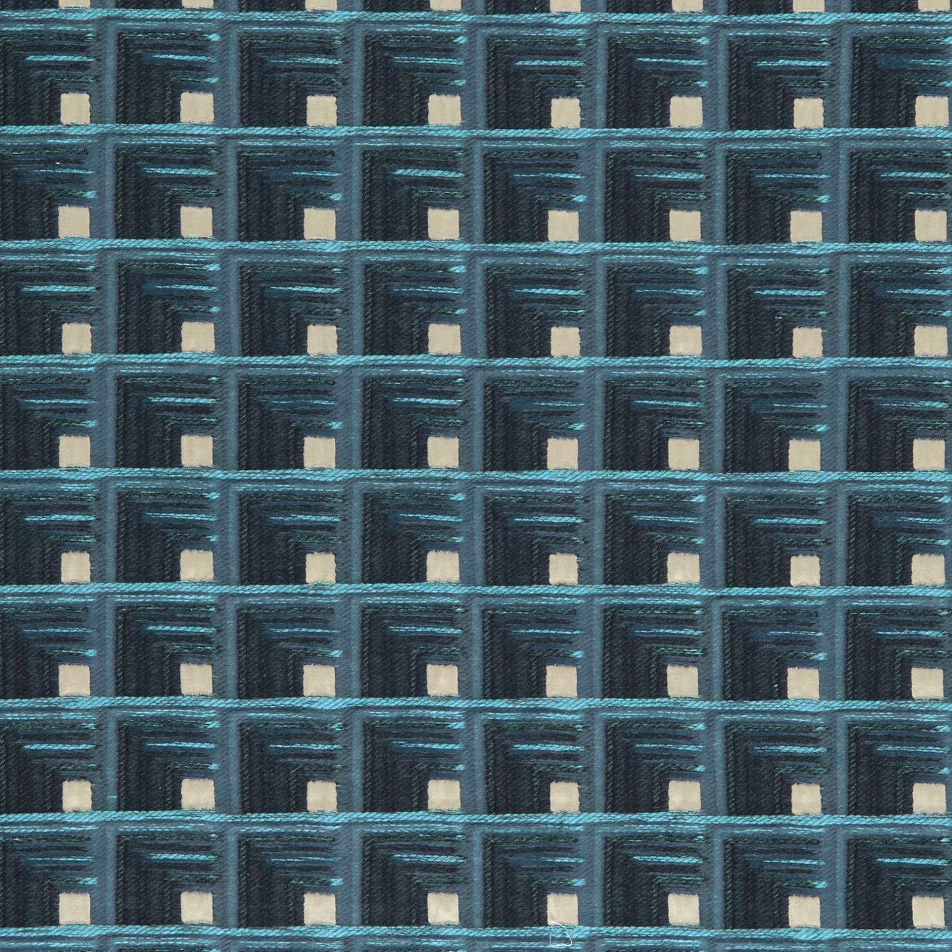 Deep indigo and teal stepped geometric weave with small cream windows