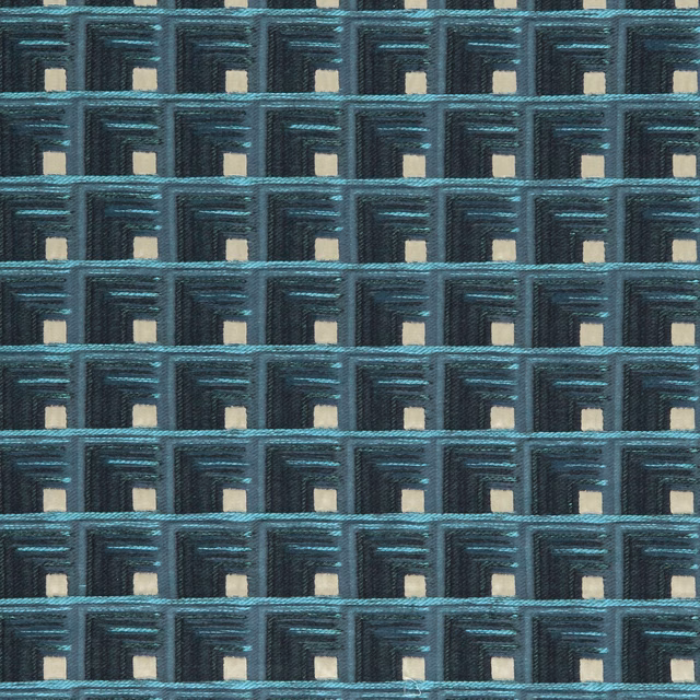 Deep indigo and teal stepped geometric weave with small cream windows