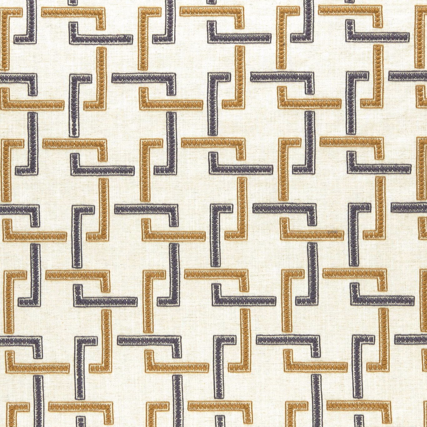 Ivory woven fabric with charcoal and cinnamon interlocking right-angle bands